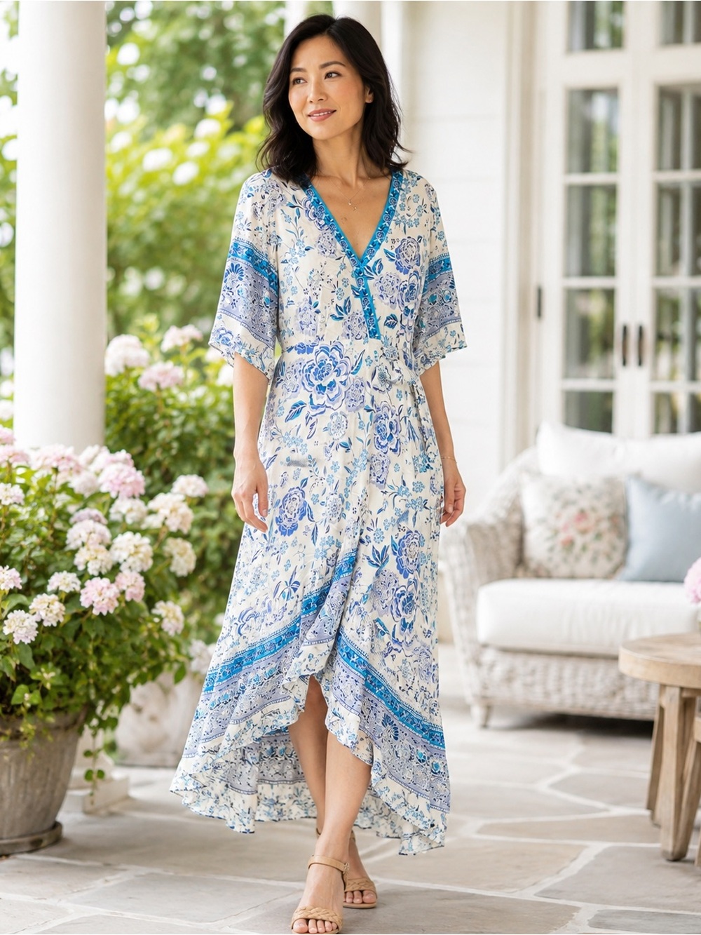 🩵 💙 Suzanne Betro Blue Floral Wrap Midi Dress 🩵💙